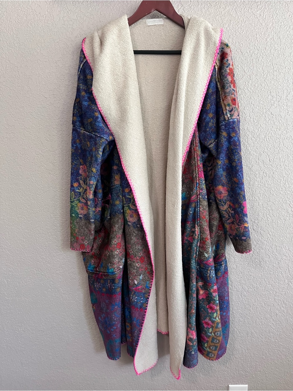 Natural Life Floral Patchwork Hooded Blanket Kimono Jacket Cozy Fleece S/M - Picture 2 of 13
